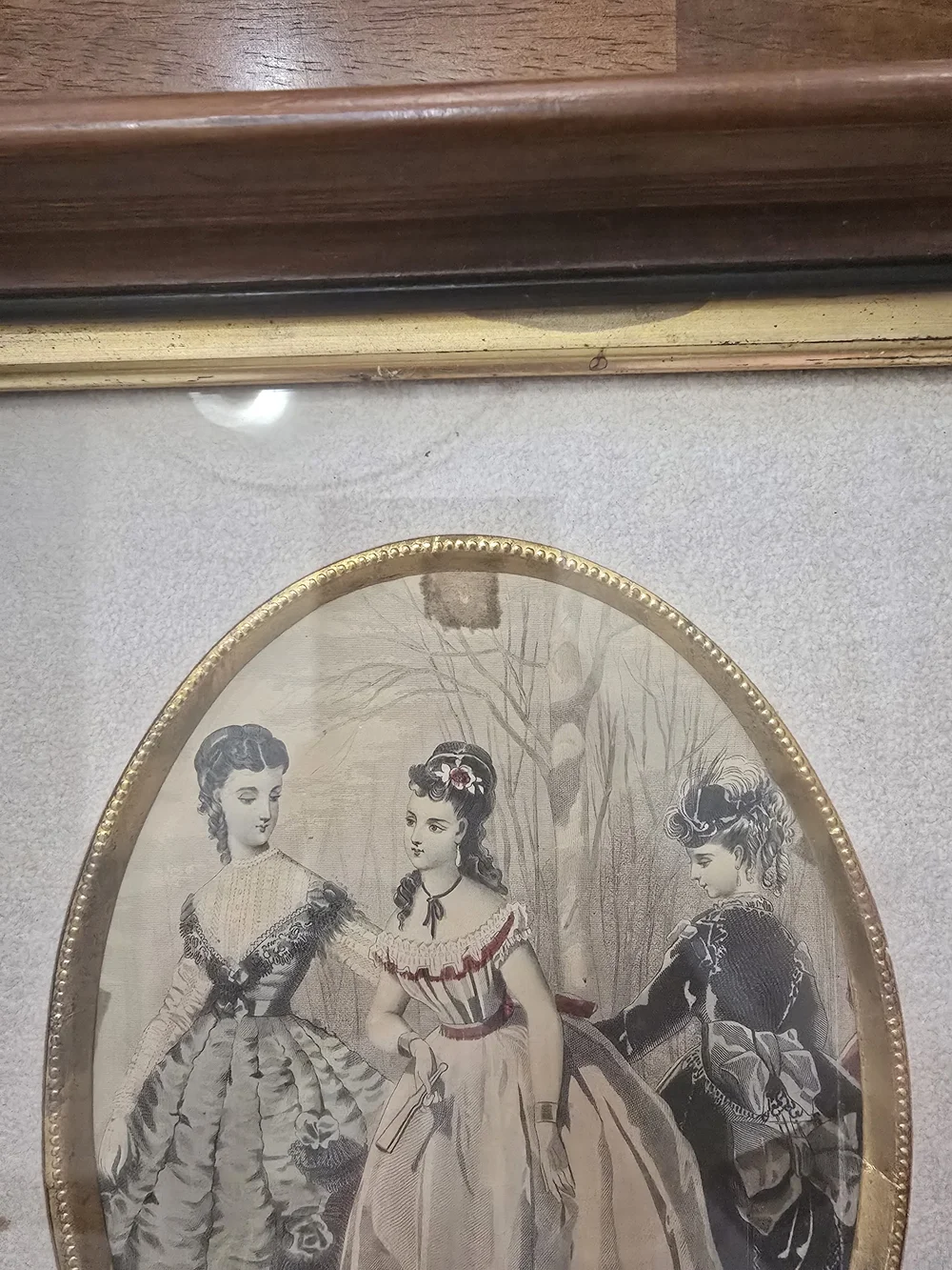 Antique Victorian French Fashion Plate Print - Framed Gilt & Dark Wood - Vintage